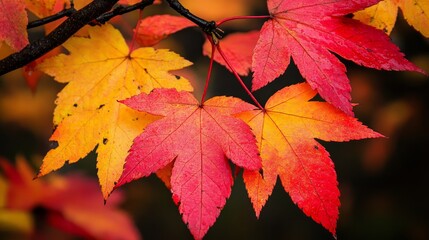 Vibrant autumn leaves in shades of red, orange, and yellow against a blurred background.
