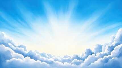 Vibrant Painting of a Serene Sky Filled with Fluffy Clouds Bathed in Warm Sunlight Creating a Peaceful and Uplifting Atmosphere in Nature