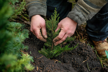 Man planting evergreen tree. Reforestation, forestation concept