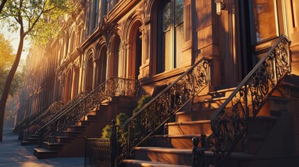 Golden Hour on Brownstone Row: A Picturesque Street in the City