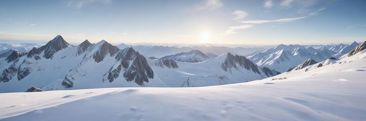 Fototapeta premium Wide-angle view of a snow-covered mountain range with a vast expanse of untouched white snow, mountain landscape, blank canvas, snowy hills, endless snow