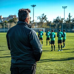 Naklejka premium Male soccer coach watches his team practice on a sunny field.