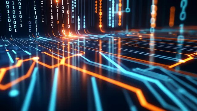 Digital circuit board with glowing lines and binary code displayed in a futuristic style at night