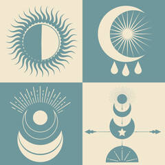 Astrological, esoteric symbols. Sun, stars, planets, moon, crescent