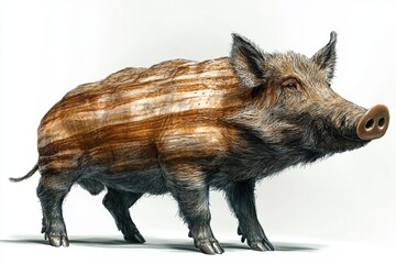 Isolated Wild Boar Full Body Close-Up on White Background - Realistic Wildlife Stock Image