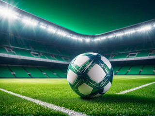 Soccer Ball on Green Stadium Field at Night