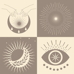 Astrological, esoteric symbols. Sun, stars, planets, moon, crescent