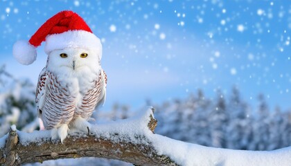 Fototapeta premium 3D Snowy owl wearing a Santa hat perched on a snowy branch
