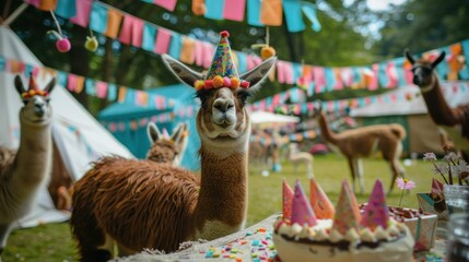 adorable llamas at a vibrant outdoor birthday party, colorful decorations, festive atmosphere surrounded by tents and playful banners, joyful setting and happy vibe