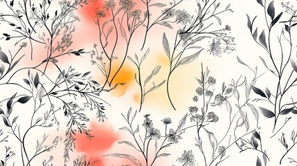 Soft Hand-Drawn Spring Flowers with Abstract Patterns on Watercolor Background,  Fashionable Design