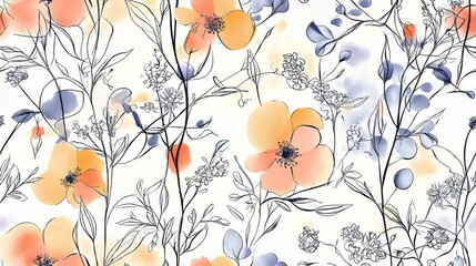 Soft Hand-Drawn Spring Flowers with Abstract Patterns on Watercolor Background,  Fashionable Design