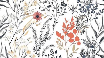 Soft Hand-Drawn Spring Flowers with Abstract Patterns on Watercolor Background,  Fashionable Design