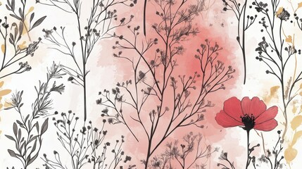 Soft Hand-Drawn Spring Flowers with Abstract Patterns on Watercolor Background,  Fashionable Design