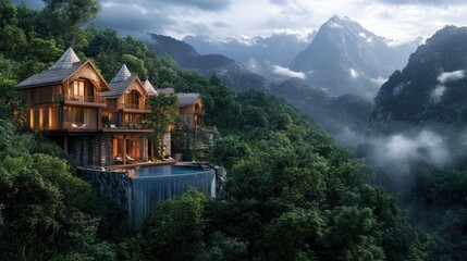 Naklejka premium A breathtaking view of a luxury retreat surrounded by lush forests and majestic mountain peaks
