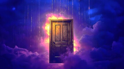 Mysterious wooden door in vibrant clouds, symbolizing new beginnings and dreams.