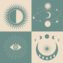 Astrological, esoteric symbols. Sun, stars, planets, moon, crescent