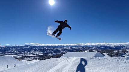 A snowboarder performs a jump against a clear blue sky and snowy landscape.