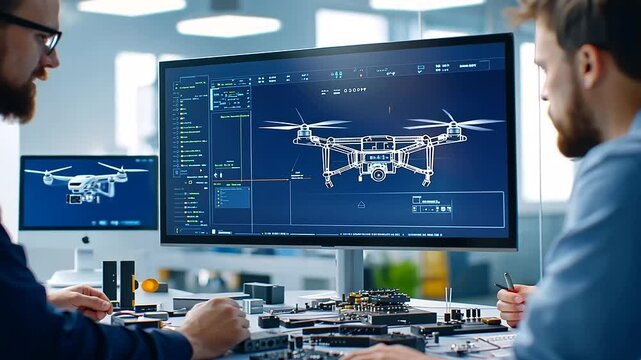 Engineers Collaborating on Drone Assembly in Modern Office