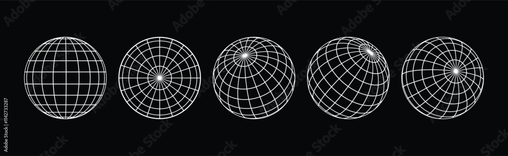 Poster wireframe globe grid icon vector illustration set isolated in black background