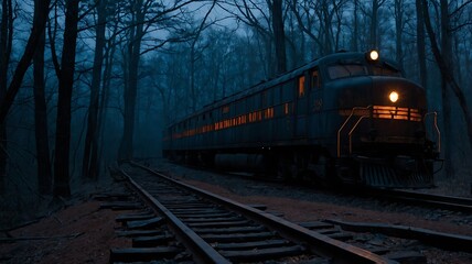 Fototapeta premium Mysterious Night Train in the Dark Forest
