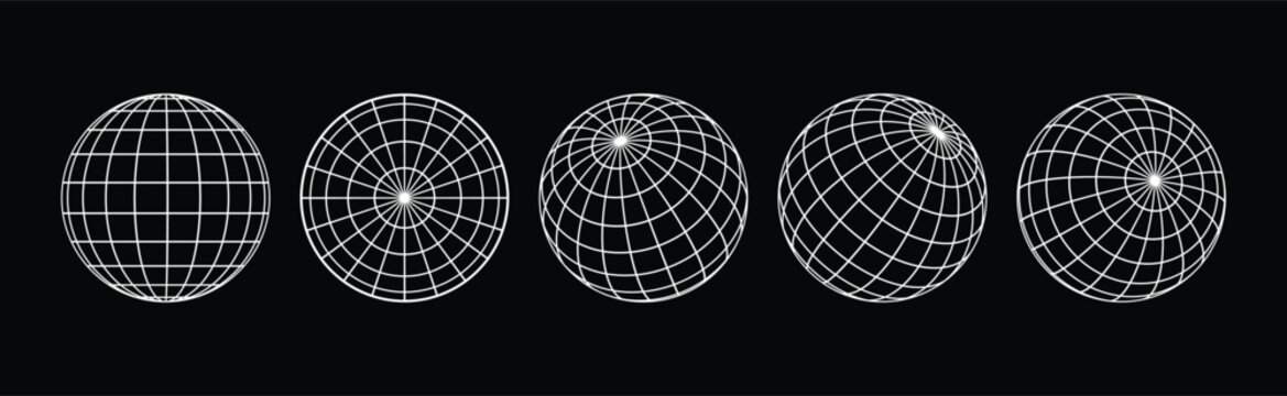 Wireframe globe grid icon vector illustration set isolated in black background