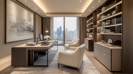 Modern luxury home office with city view, large desk, built-in shelving, and comfortable seating.