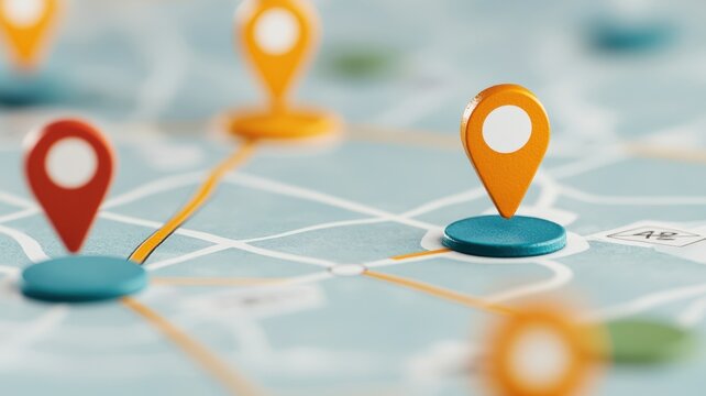 milestone and goal concept. Map with colorful location pins highlighting various points of interest.