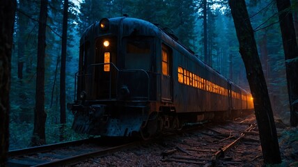 Naklejka premium Enigmatic Night Train in a Mysterious Forest