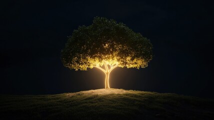 milestone and goal concept. Illuminated tree standing alone in a dark landscape, symbolizing growth and tranquility.
