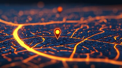 milestone and goal concept. Vibrant digital map with glowing paths and a location pin highlighting a specific area.