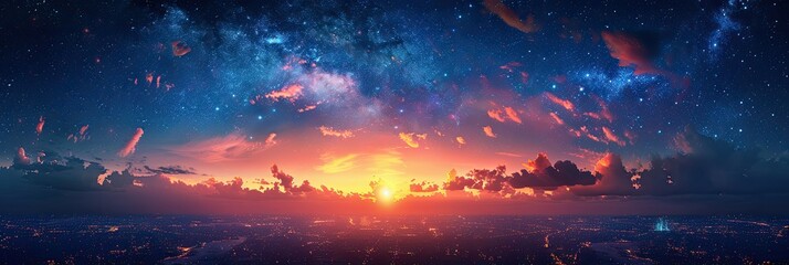 Fototapeta premium A breathtaking sunset over a city, blending vibrant colors with a starry sky.