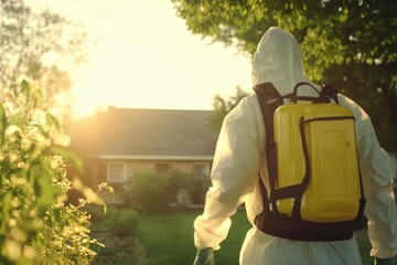Professional Pest Control Worker in Protective Suit Spraying Chemicals Outdoors During Sunset for Effective Insect and Pest Management