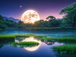 Fototapeta premium Serene Moonlit Lake at Night