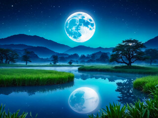 Fototapeta premium Serene Night Landscape with Full Moon Reflection