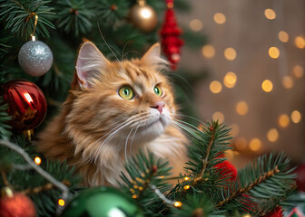 portrait of a cat surrounded by fir branches