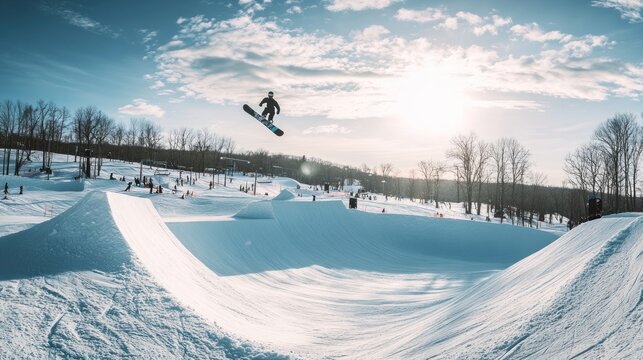 A snowboarder performs a jump in a snowy terrain park under a bright sky.