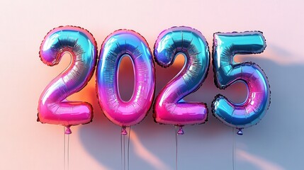 Colorful 2025 balloon decorations against a pastel backdrop celebrating New Year’s Eve festivities and welcoming the new year with joy and excitement in a festive atmosphere