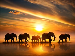 Fototapeta premium Majestic Elephant Silhouettes: Long Exposure Photography, Wildlife Shadows, Hand-Drawn Style