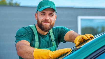 A smiling worker in gloves and a cap leans on a car, showcasing a professional appearance in an outdoor setting.
