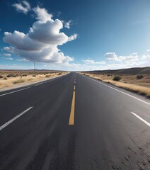 Naklejka premium A long stretch of asphalt road disappears into the distance under a brilliant blue sky with a few wispy clouds, landscape, sky, green