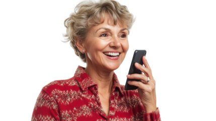 Happy woman using cell phone. isolated transparent background
