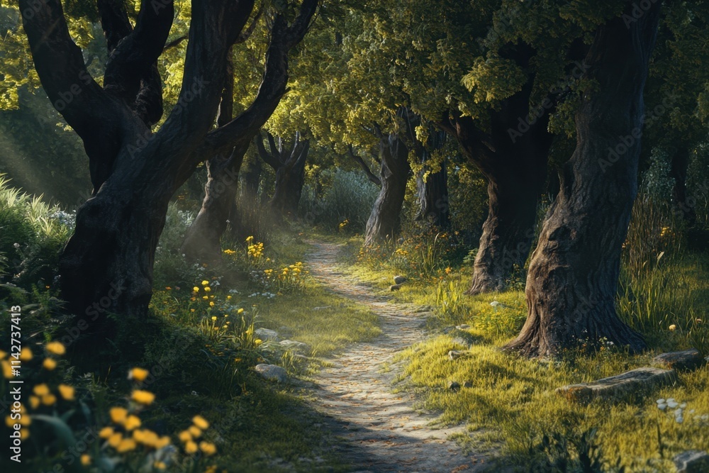 Aufkleber sunlight filters through trees on a serene forest path lined with wildflowers