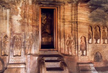 Entrance to sanctuary of an abandoned 7th century cave temple in Karnataka, India. 