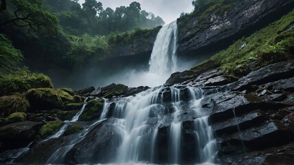 Obraz premium Majestic Waterfall Cascading Through Lush Greenery