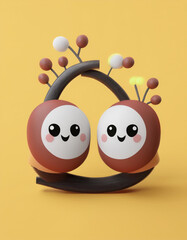 Cute 3D Kawaii Creatures on a Branch with Blossoms