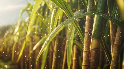 Dew-covered sugarcane stalks bask in golden sunlight, creating a lush, vibrant field atmosphere.