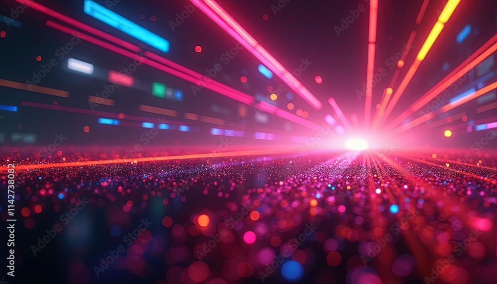 Poster Futuristic light beams and glowing trails in motion creating a tunnel effect with speed lines
