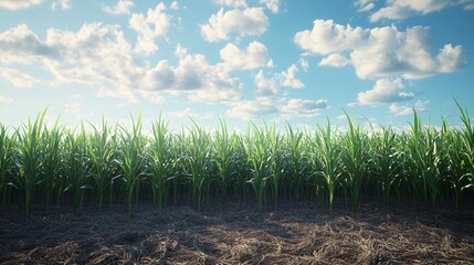 Obraz premium Vibrant green cornfield under a bright blue sky with fluffy clouds, showcasing nature's beauty.