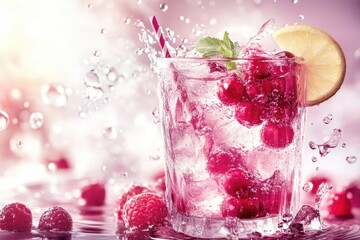 Refreshing raspberry drink with mint and lemon garnishing in a vibrant setting