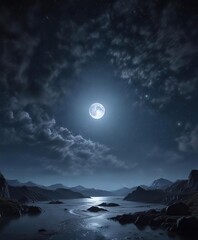 Fototapeta premium A starry night sky with twinkling stars and a full moon, set against a dark blue background, night sky, galaxies, dark blue